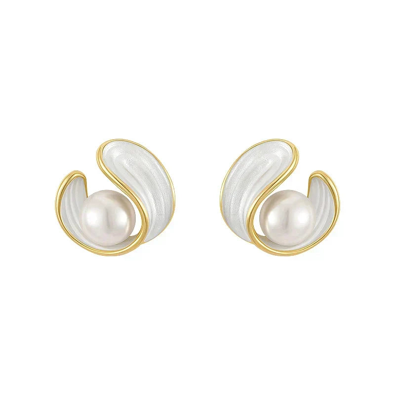 Gold Swirl Pearl Stud Earrings