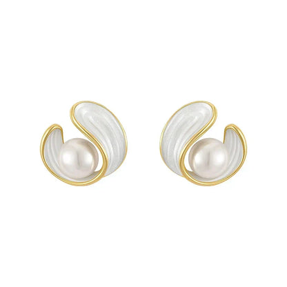 Gold Swirl Pearl Stud Earrings