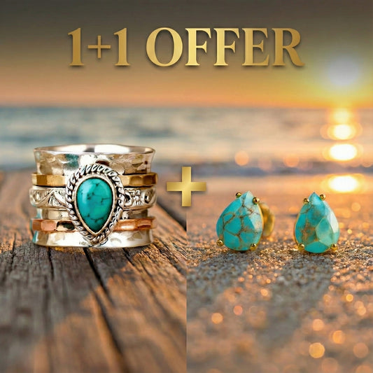 1+1 Offer: Vintage Turquoise Inlaid Stone Gold & Silver Ring + Mediterranean Tears â€“ Turquoise Stone Stud Earrings