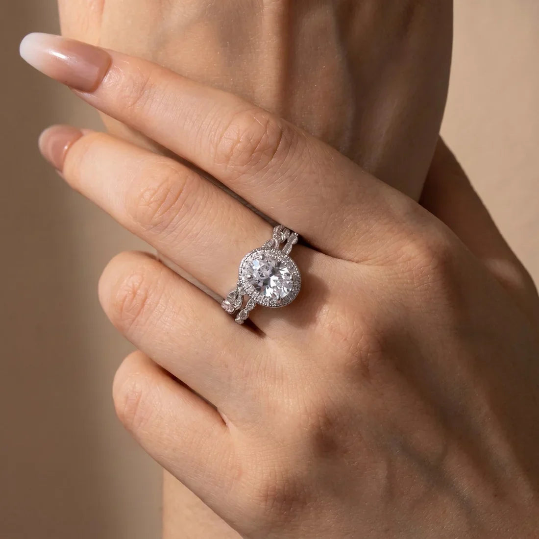 Leaf & Vine Art Deco Halo Oval Cut Ring Set