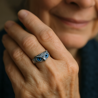 Owl of Luck â€“ Silver Adjustable Ring with Opal