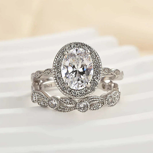 Leaf & Vine Art Deco Halo Oval Cut Ring Set