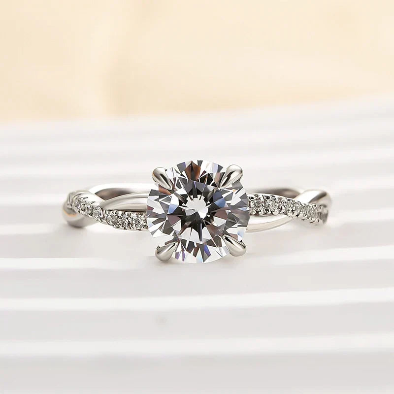 Twist Round Cut Engagement Ring In Sterling Silver For Bridal & Daily Wear