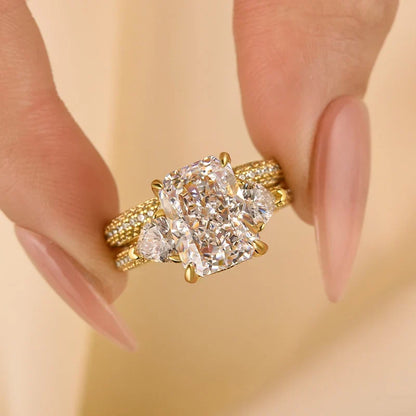 Radiant Cut & Heart Cut Three Stone Wedding Set