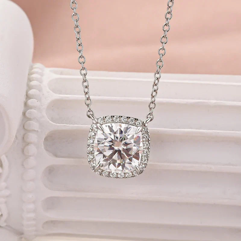 Elegant Halo Cushion Cut Pendant Necklace