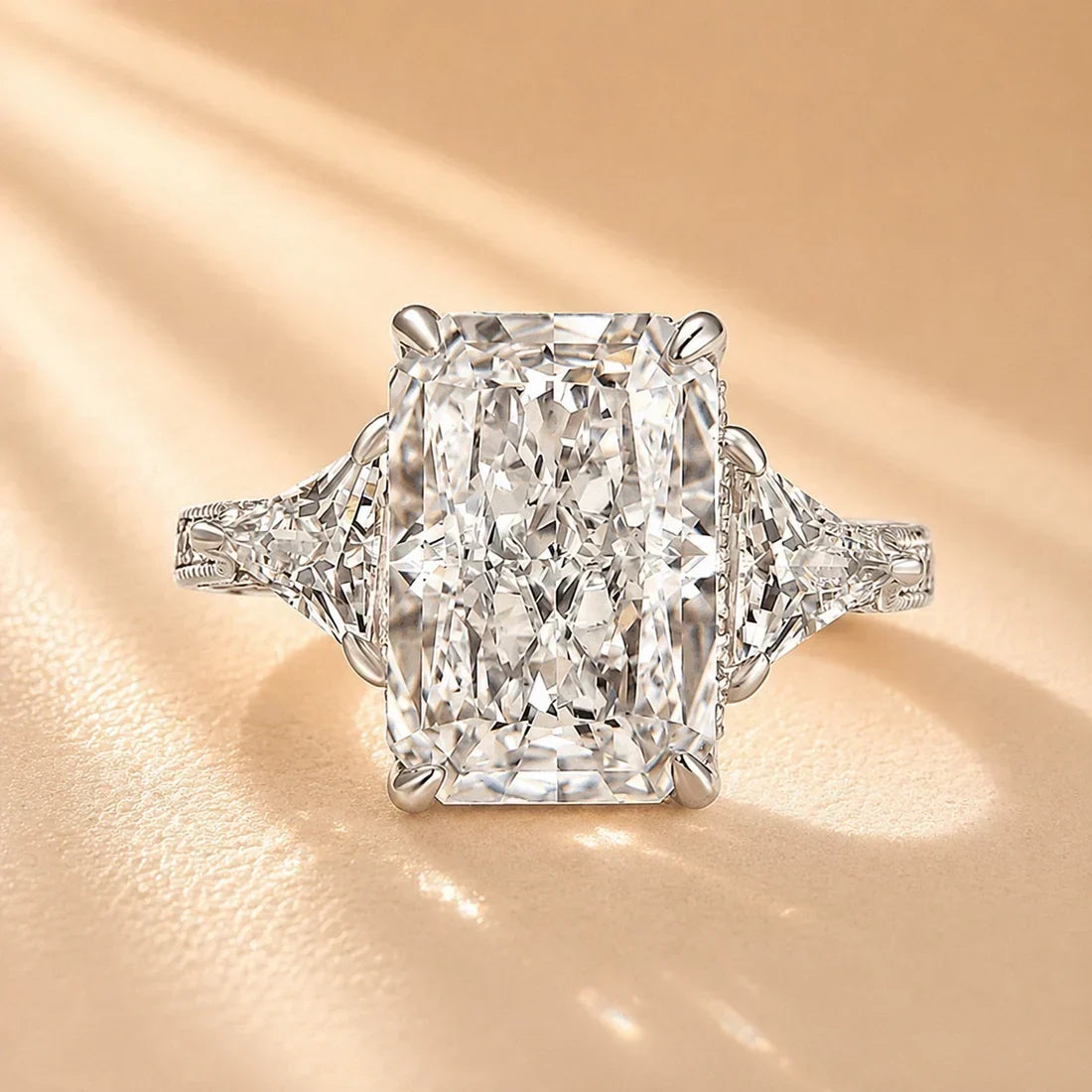 Radiant Cut Three Stone Hidden Halo Engagement Ring