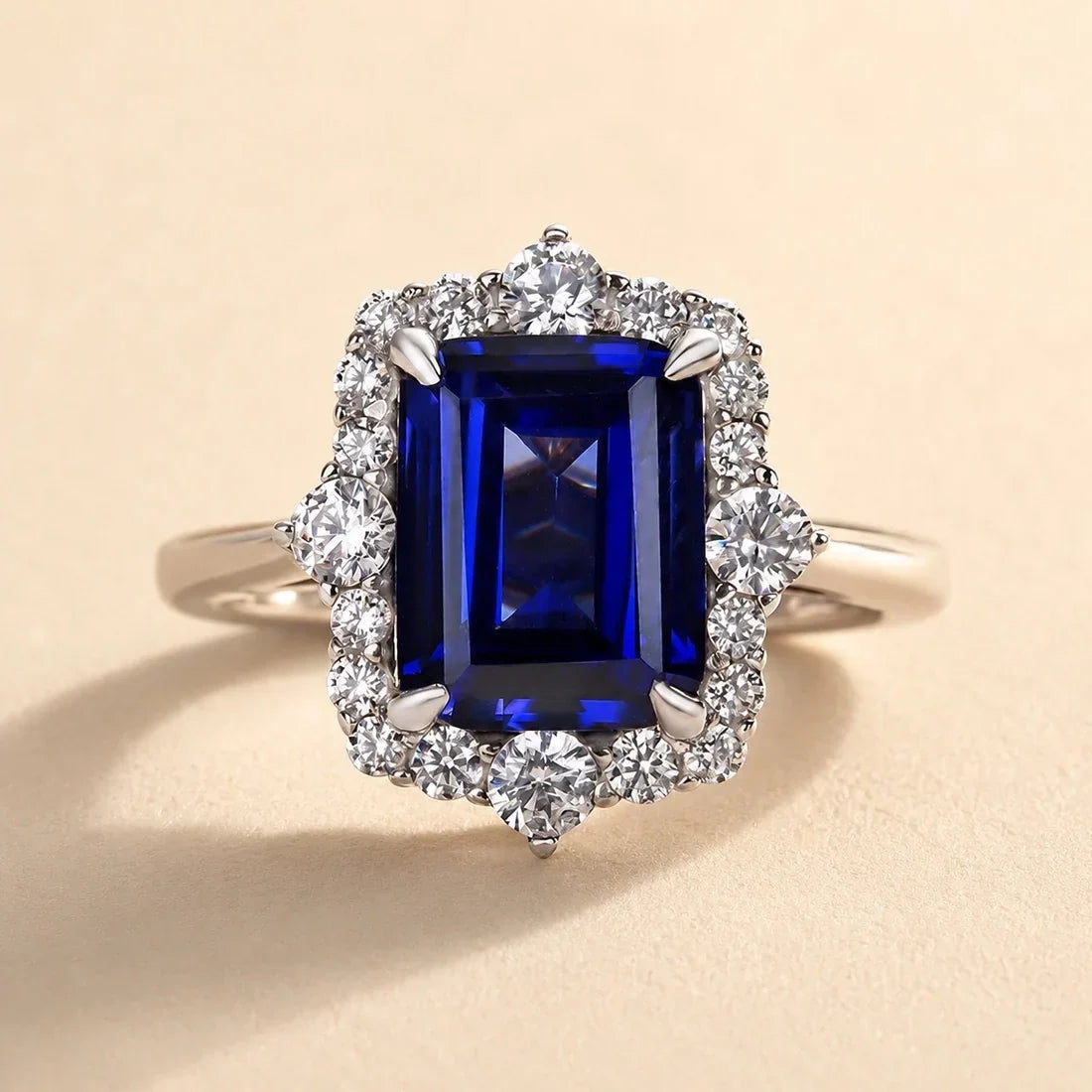 Halo Emerald Cut Blue Sapphire Ring