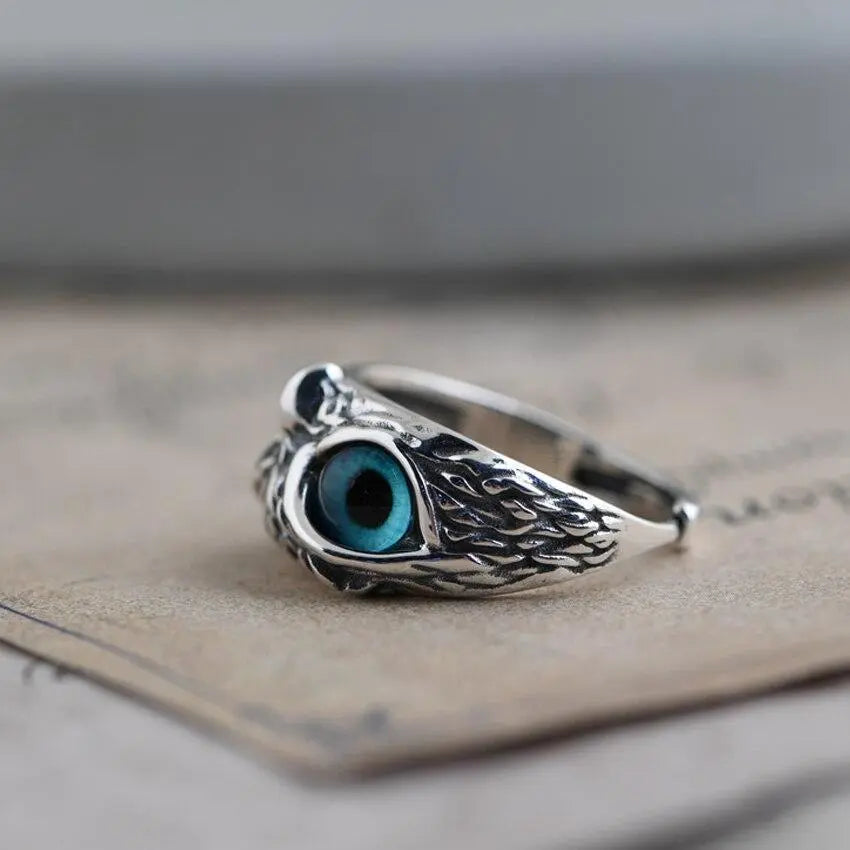 Owl of Luck â€“ Silver Adjustable Ring with Opal