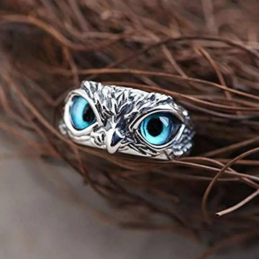Owl of Luck â€“ Silver Adjustable Ring with Opal