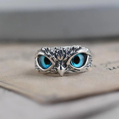 Owl of Luck â€“ Silver Adjustable Ring with Opal