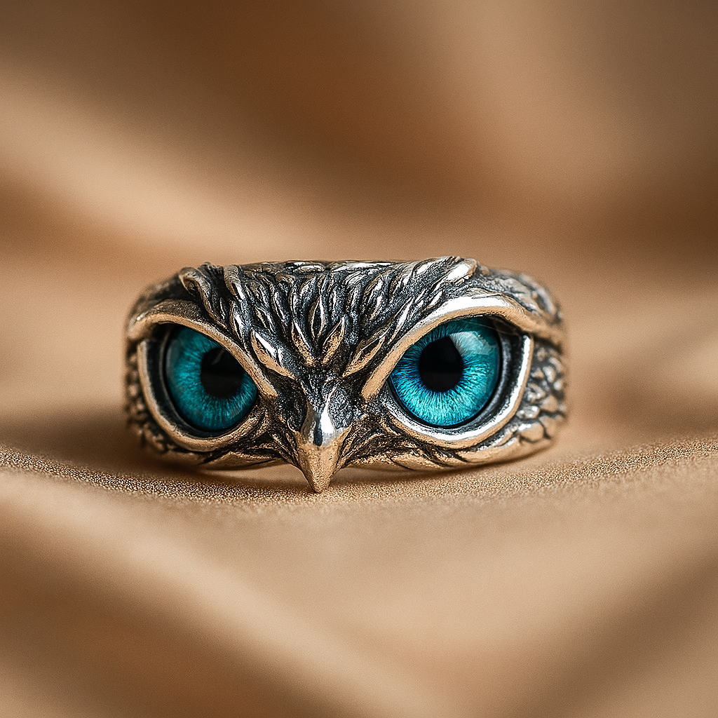 Owl of Luck â€“ Silver Adjustable Ring with Opal