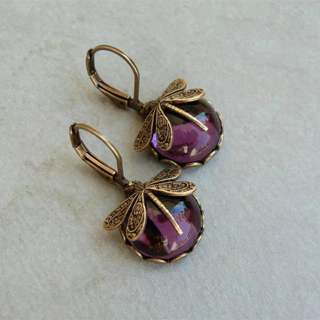 Spherical dragonfly earrings in antique gold