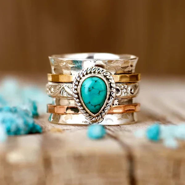 1+1 Offer: Vintage Turquoise Inlaid Stone Gold & Silver Ring + Mediterranean Tears â€“ Turquoise Stone Stud Earrings